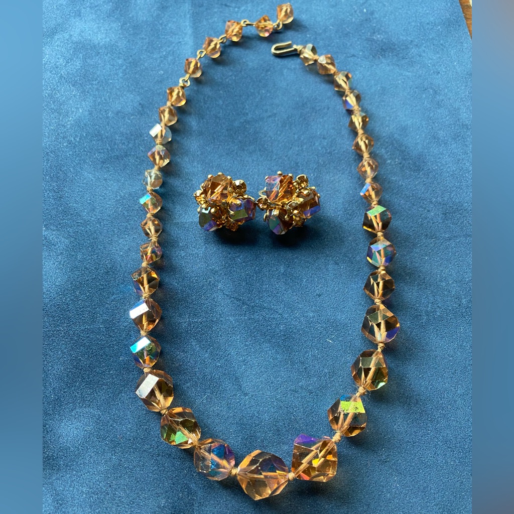 Sale Vintage Vogue Glass Irregular Shaped Amber Ab Beaded Jewelry Set